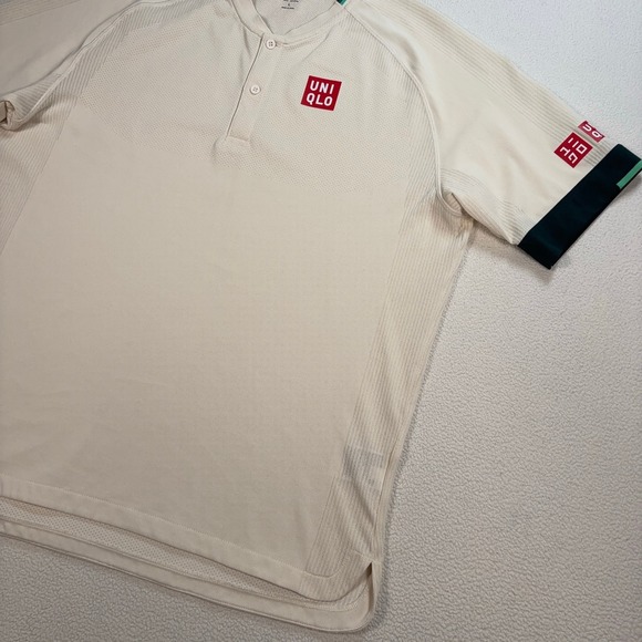 Uniqlo Roger Federer Tennis Polo Men's L Cream RF 2021 Doha Dubai Qatar Henley - Picture 5 of 16